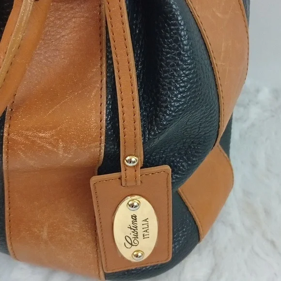Cristina Italy real leather drawstring bucket bag with strap Black Brown - Picture 5 of 16